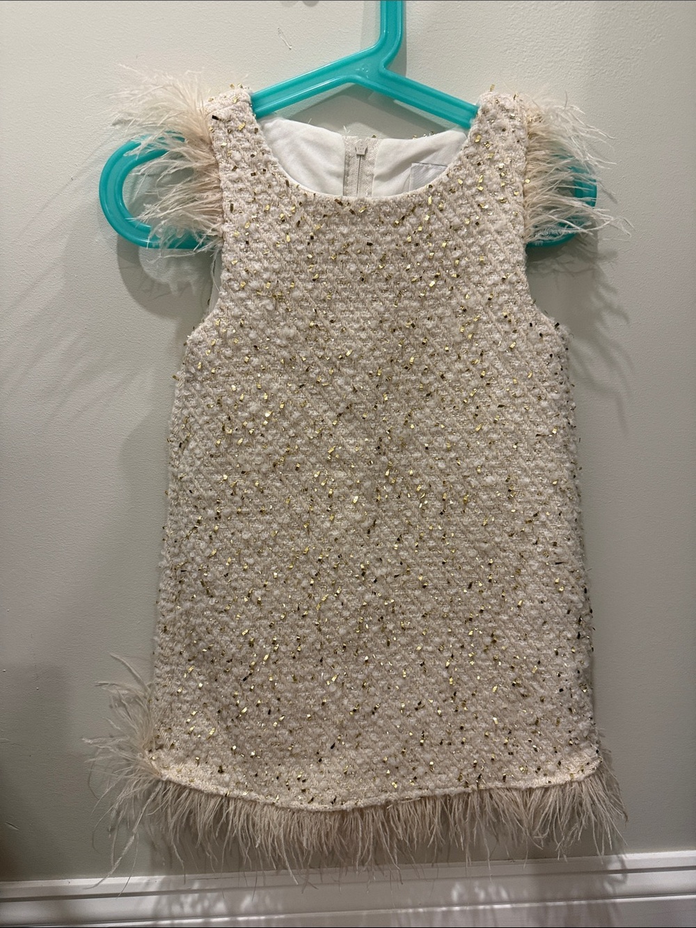 Rare Editions Cream Gold Feather-Trim Sparkle Dress Party 3T